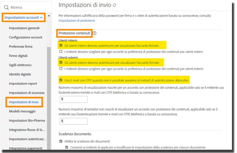 Impostazioni di invio nel menu di amministrazione con i controlli di protezione del contenuto evidenziati