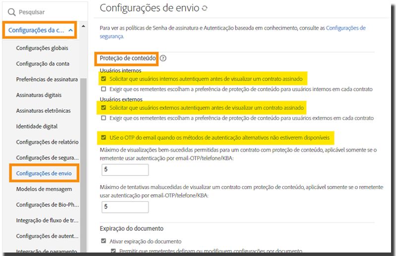 A página Configurações de envio realçando os controles de Proteção de conteúdo