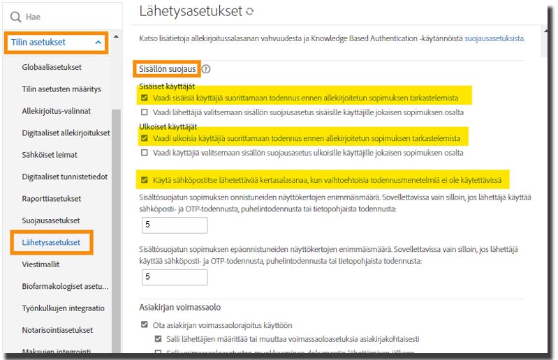 Lähetysasetukset-sivu, jossa on korostettuna sisällönsuojauksen ohjausobjektit