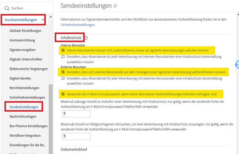 Das Admin-Menü „Sendeeinstellungen“, in dem die Optionen für den Inhaltsschutz hervorgehoben sind