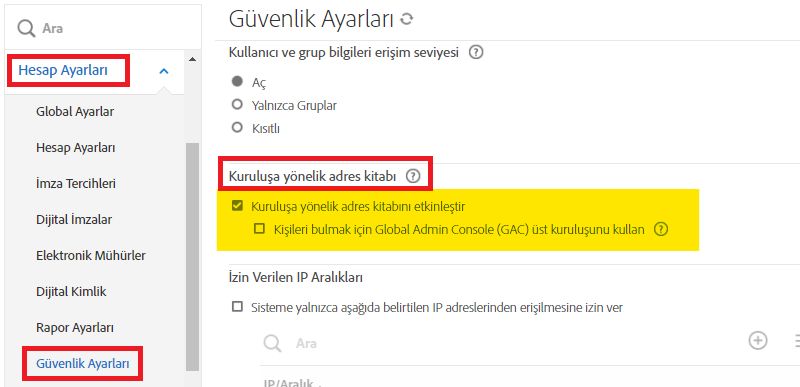 Kuruluşa yönelik adres kitabı denetimleri vurgulanmış olarak Güvenlik Ayarları sayfası