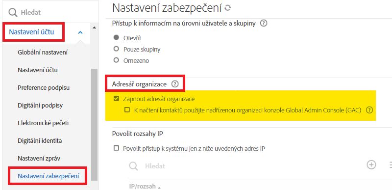 Stránka Nastavení zabezpečení se zvýrazněnými ovládacími prvky pro Adresář organizace