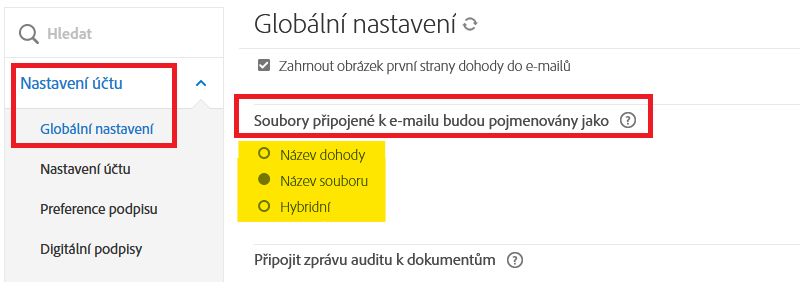 Karta Globální nastavení se zvýrazněnými ovládacími prvky pro pojmenování souborů