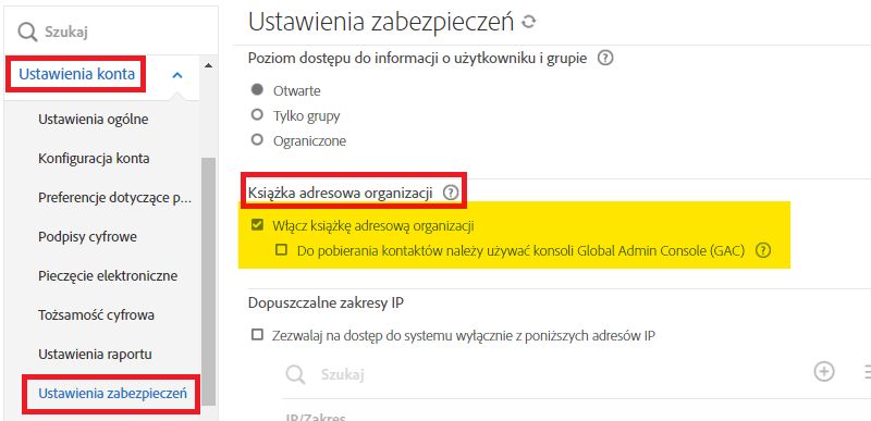 Strona Ustawienia zabezpieczeń z podświetlonymi elementami kontrolnymi książki adresowej organizacji