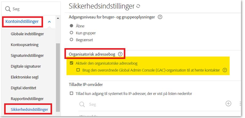 Siden Sikkerhedsindstillinger med kontrolelementerne i organisationens adressekartotek fremhævet