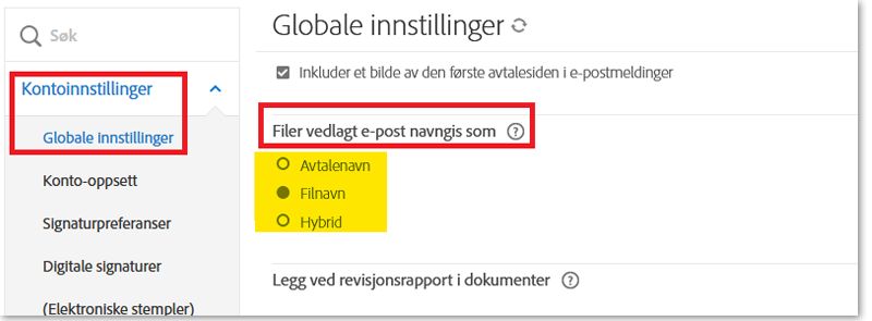 Globale innstillinger-fanen med filnavngivingskontrollene uthevet