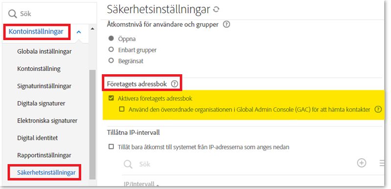 Sidan Säkerhetsinställningar med kontrollerna i organisationsadressbok markerade