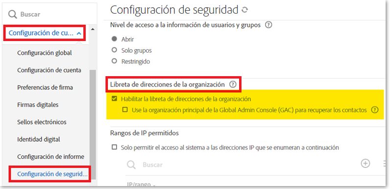 La página Configuración de seguridad con los controles de la Libreta de direcciones de la organización resaltados