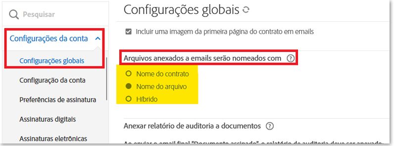 A guia Configurações globais com os controles de nomeação de arquivo realçados