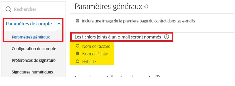 Onglet Paramètres généraux avec les commandes de dénomination de fichier en surbrillance