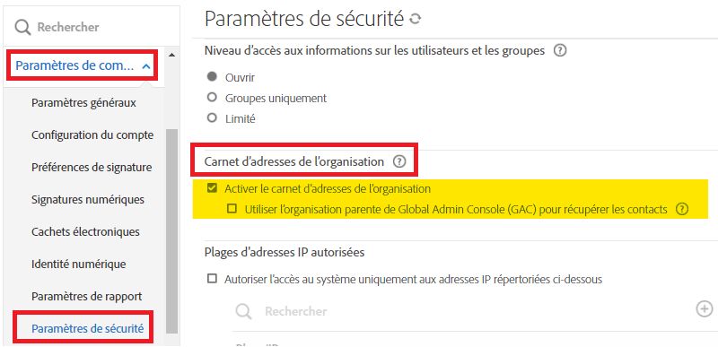 Page Paramètres de sécurité avec les commandes du carnet d’adresses de l’organisation en surbrillance