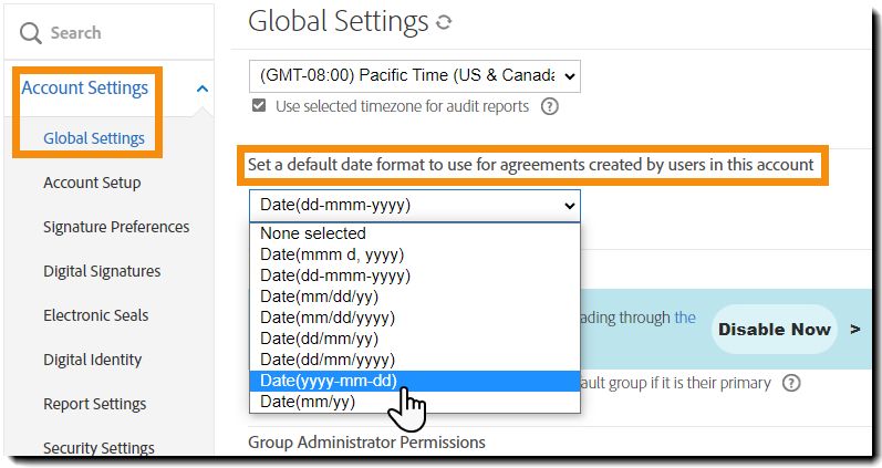 Sidan Globala inställningar med alternativlistan för standarddatumformat har utökats