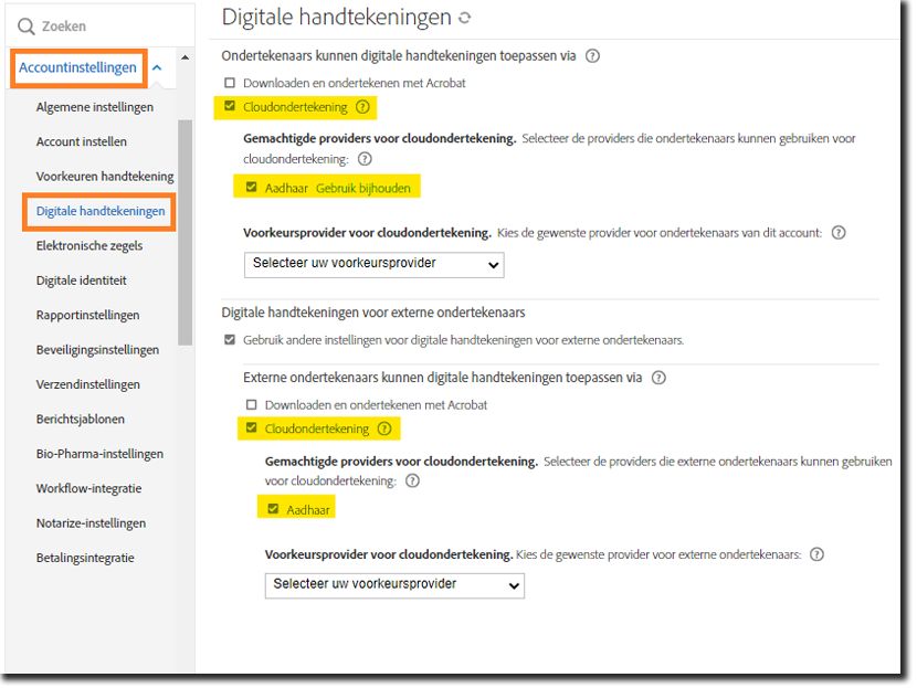 Besturingselementen voor digitale handtekening wanneer Aadhaar is ingeschakeld