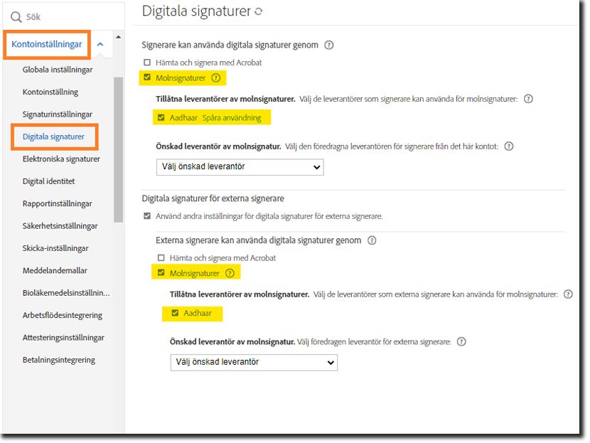 Kontroller för digital signatur när Aadhaar är aktiverat