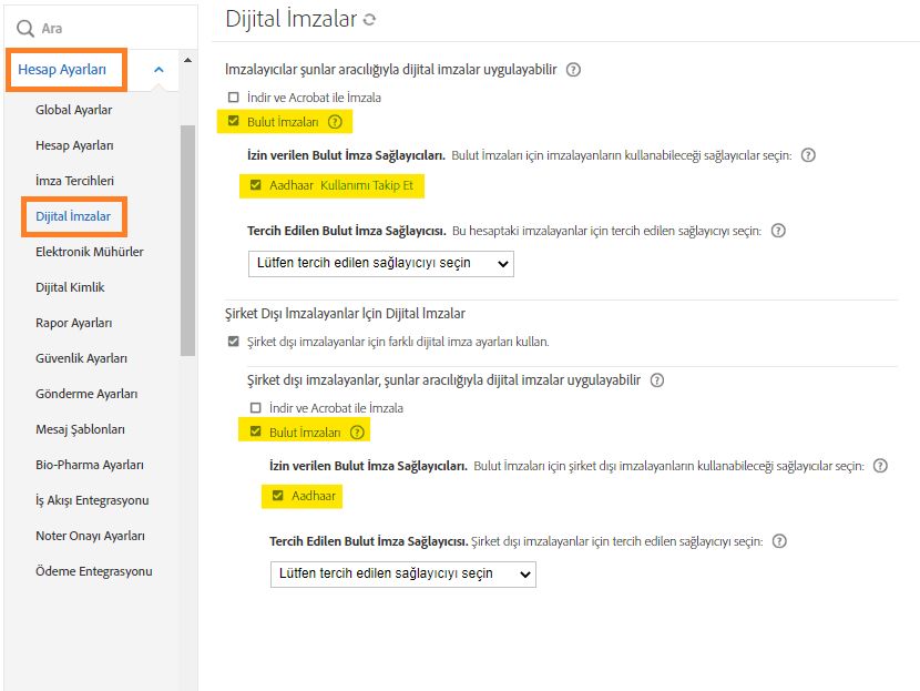 Aadhaar etkinleştirildiğinde dijital imza kontrolleri