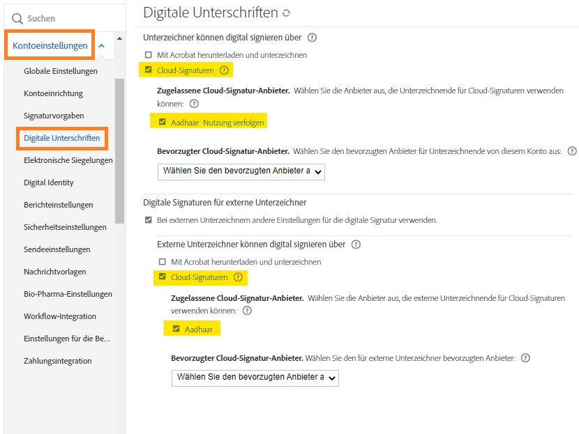 Optionen für die digitale Signatur, wenn Aadhaar aktiviert ist