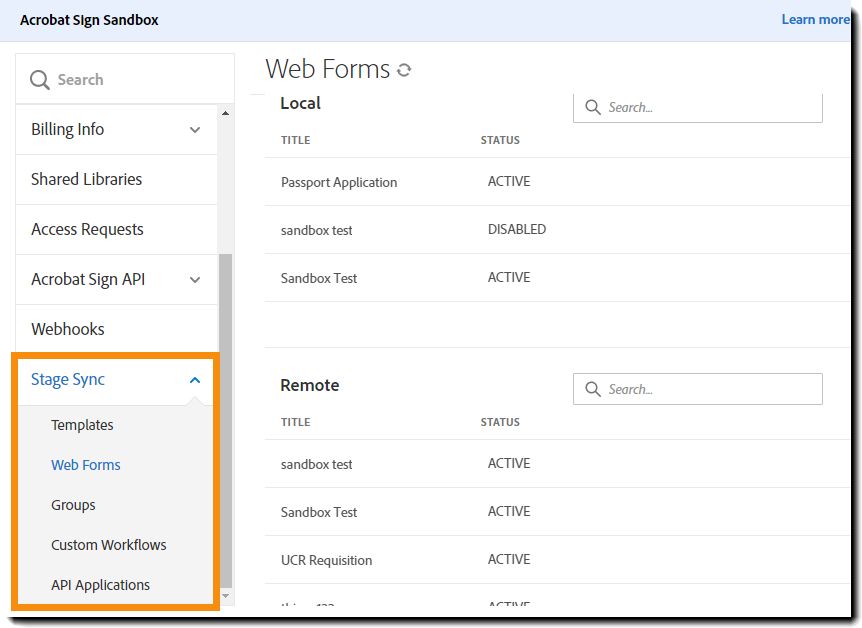 Pagina Gestisci con la sezione di sincronizzazione sandbox evidenziata