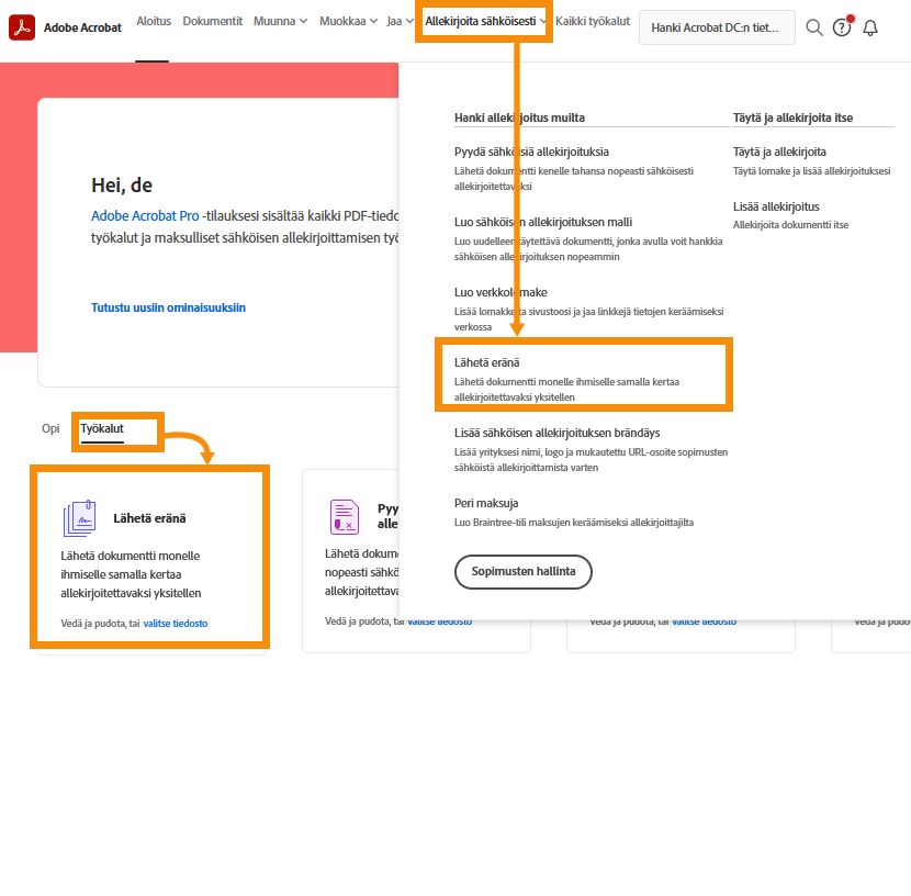 Lähetä eränä -työkalun vaihtoehdot