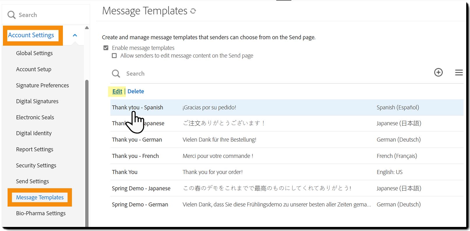 Os Modelos de mensagem com o link Editar destacado