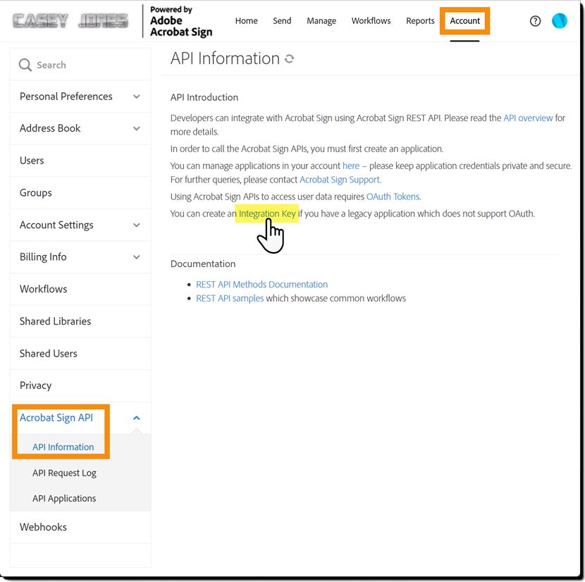 Откроется меню API-интерфейса с выделенной ссылкой «Ключ интеграции».