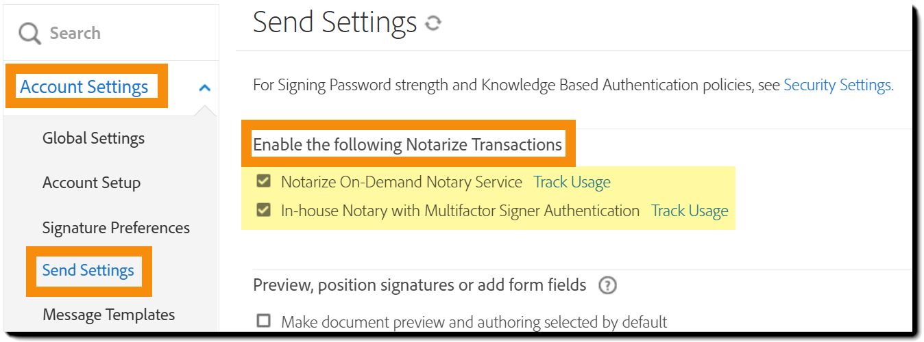 Página Configuración de envío con la configuración de Notarize resaltada