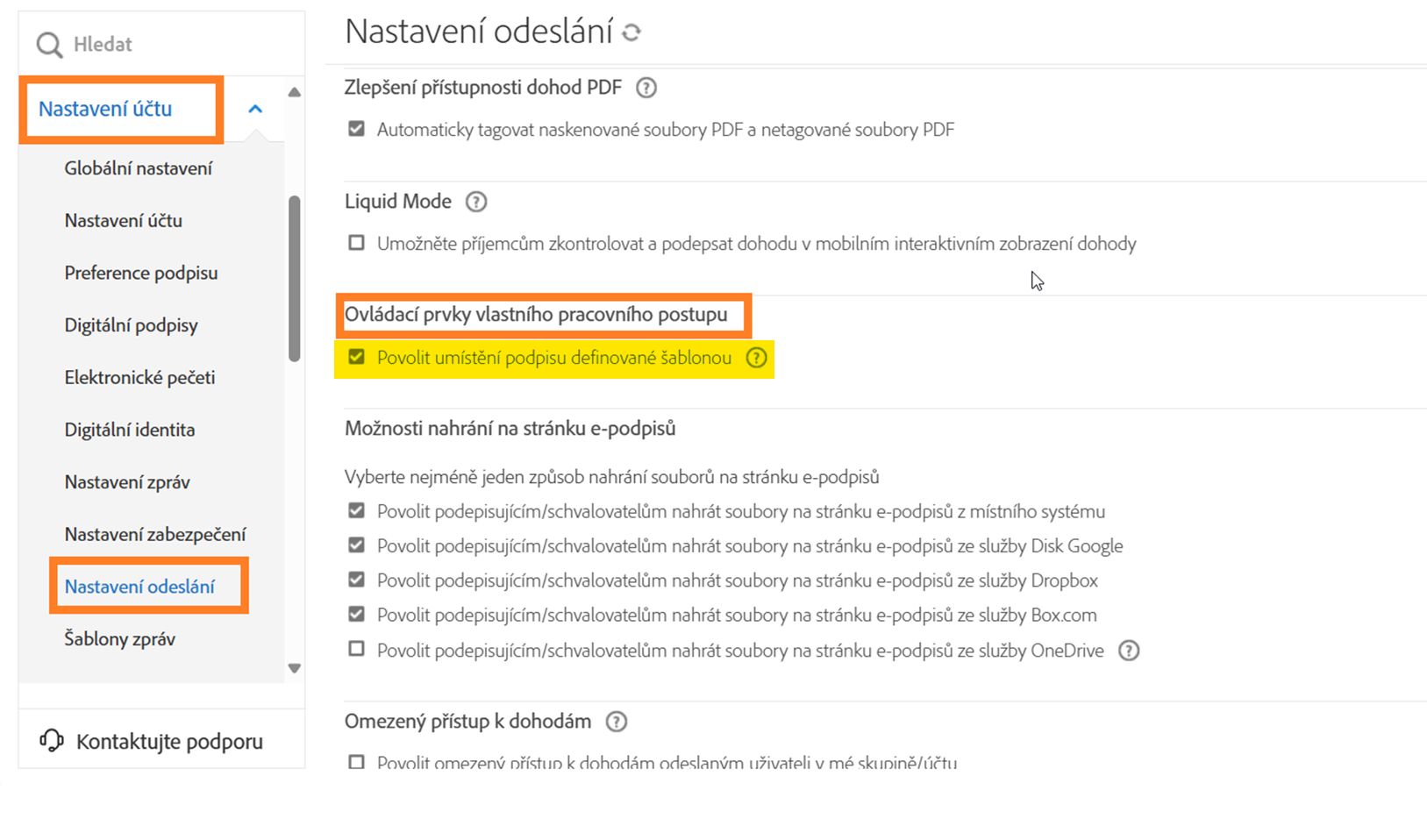 Stránka Nastavení odeslání se zvýrazněnými ovládacími prvky vlastního pracovního postupu