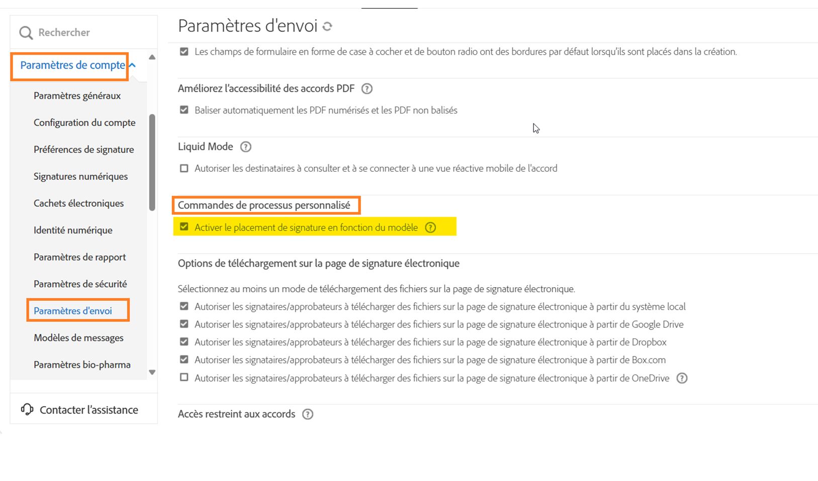 Page Paramètres d’envoi avec l’option Commandes de processus personnalisé en surbrillance