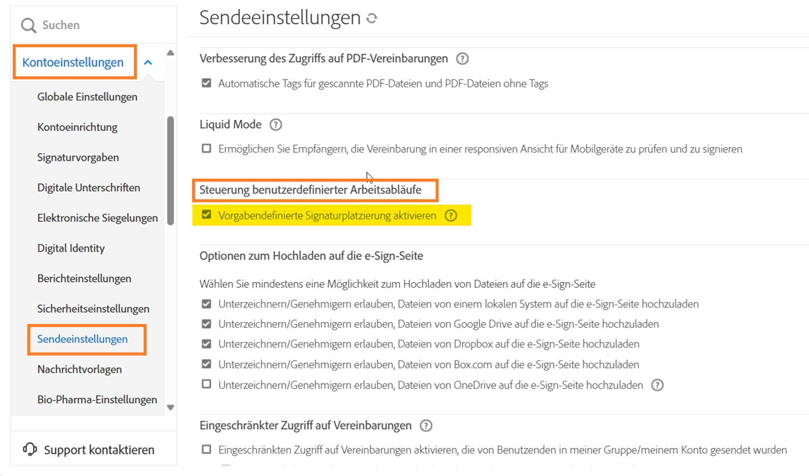 Seite „Sendeeinstellungen“ mit hervorgehobenen Steuerelementen für selbstdefinierte Workflows