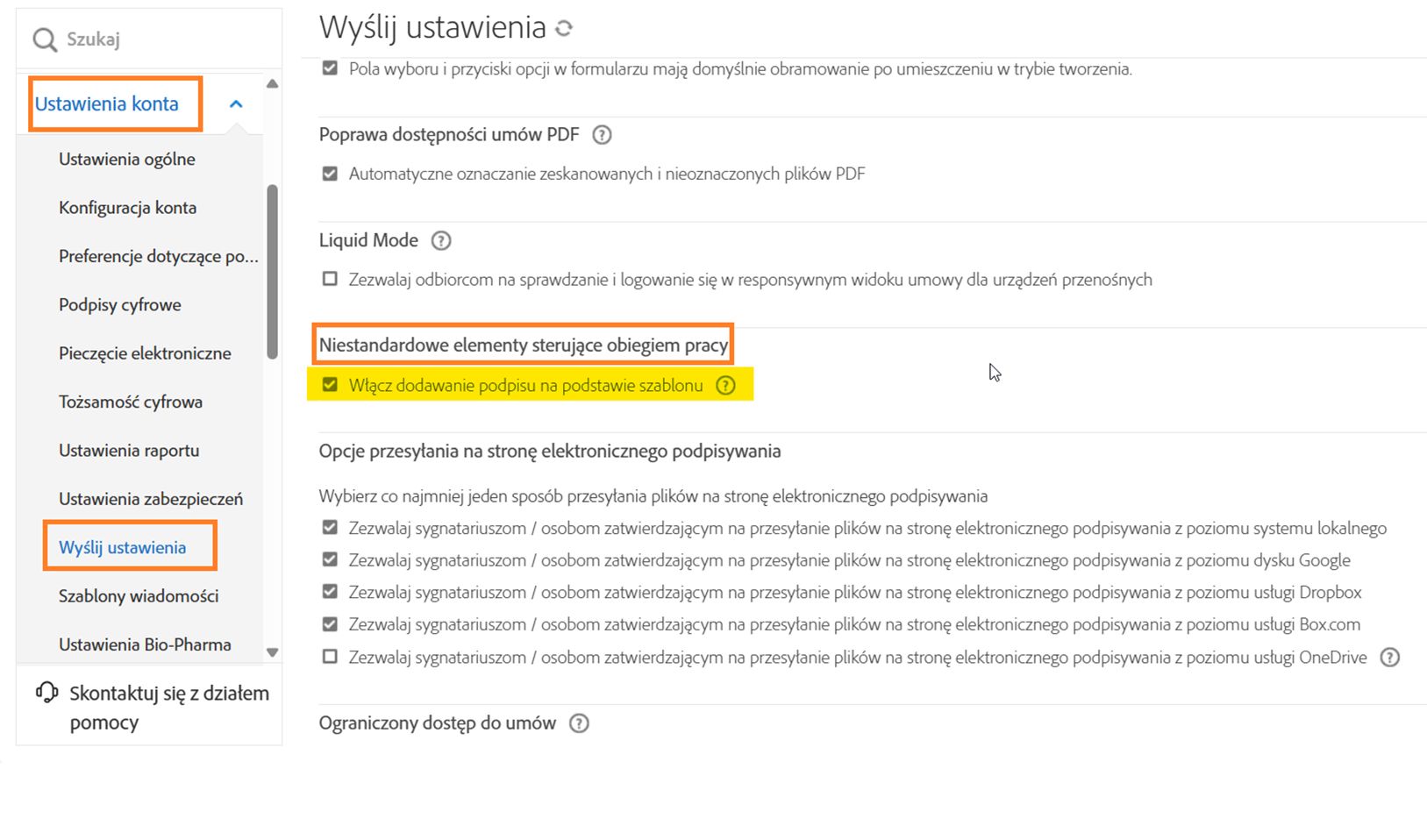 Strona Ustawienia wysyłania z podświetloną opcją Niestandardowe elementy sterujące obiegiem pracy