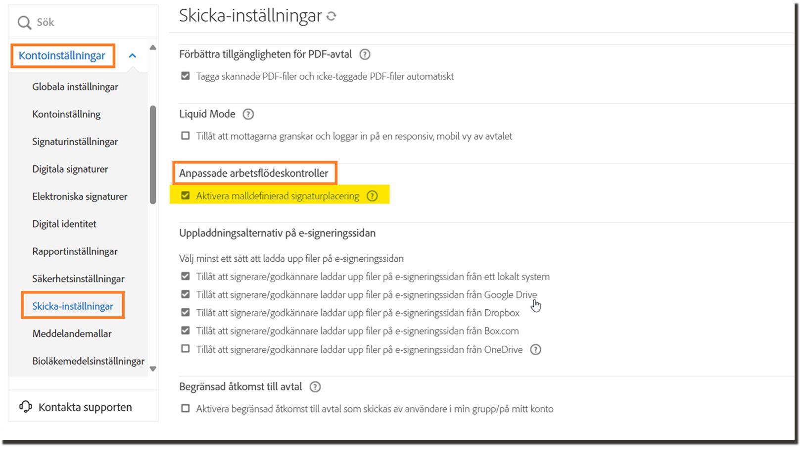Sidan Skicka-inställningar med Kontrollerna för anpassat arbetsflöde markerade