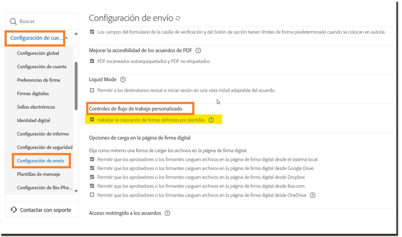 La página Configuración de envío con los controles de flujo de trabajo personalizado resaltados