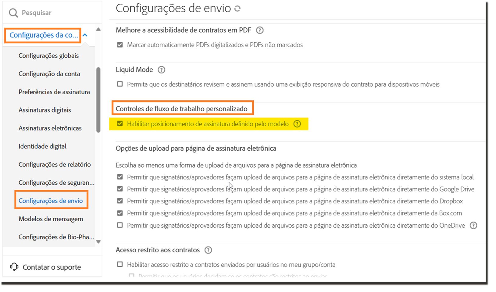 A página “Configurações de envio”, com os “Controles de fluxos de trabalho personalizados” realçados
