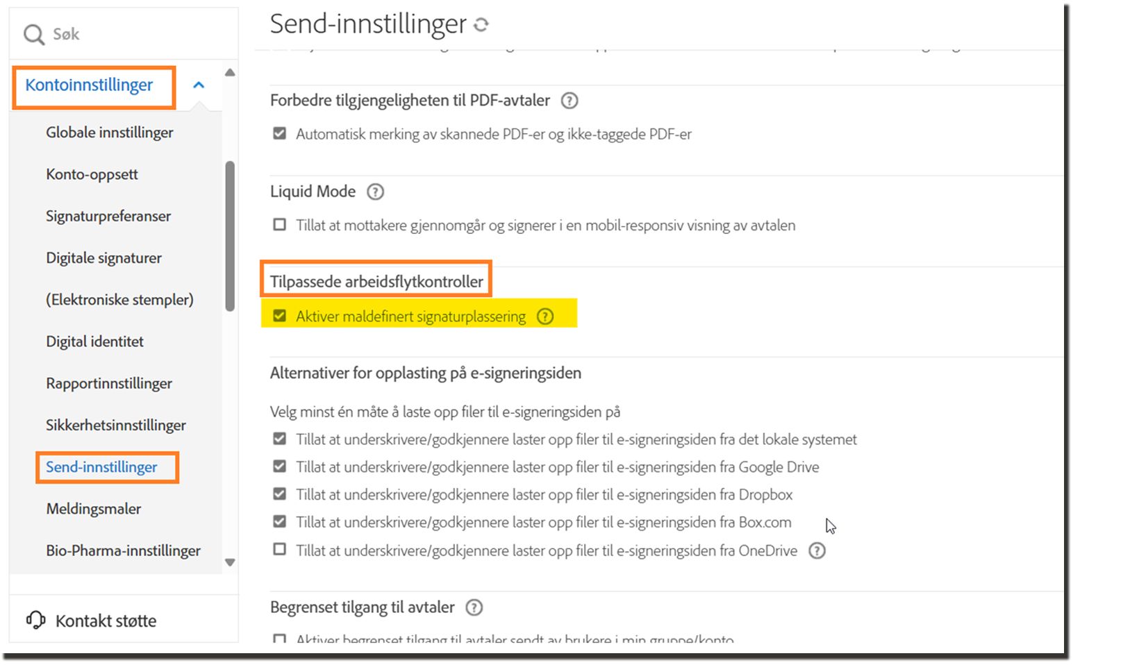 Sendingsinnstillinger-siden med tilpassede arbeidsflytkontroller uthevet