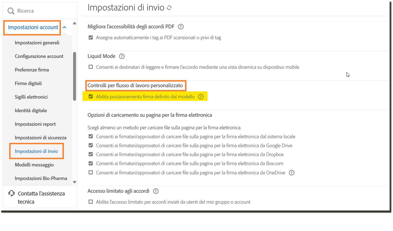 Pagina Impostazioni di invio con i Controlli per il flusso di lavoro personalizzati evidenziati