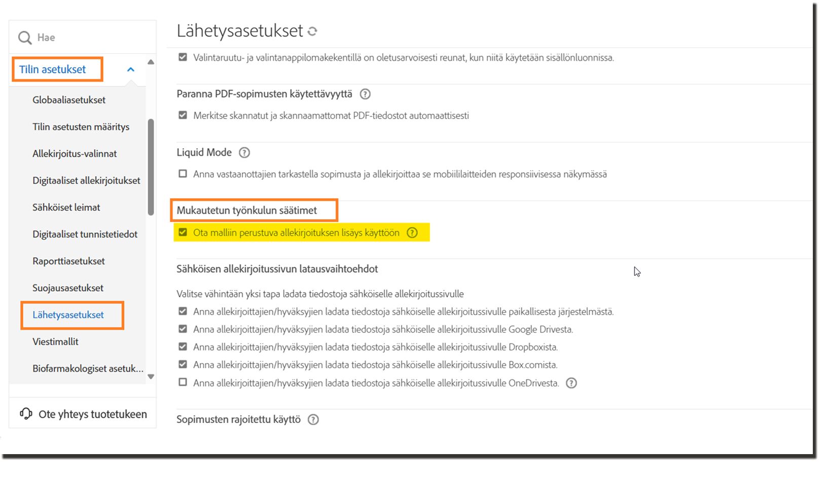 Lähetysasetukset-sivu, jolla on korostettuna Mukautetun työnkulun ohjausobjektit