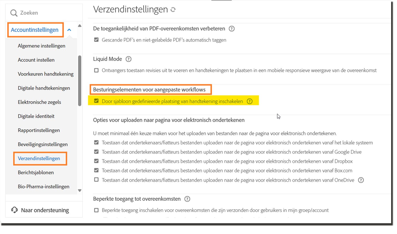 De pagina Verzendinstellingen met de besturingselementen voor aangepaste workflow gemarkeerd