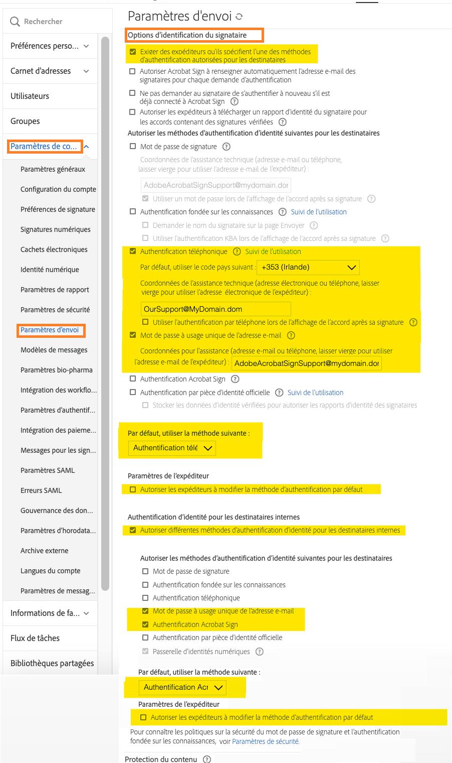 Accédez à l’authentification de l’identité dans l’onglet Paramètres d’envoi.