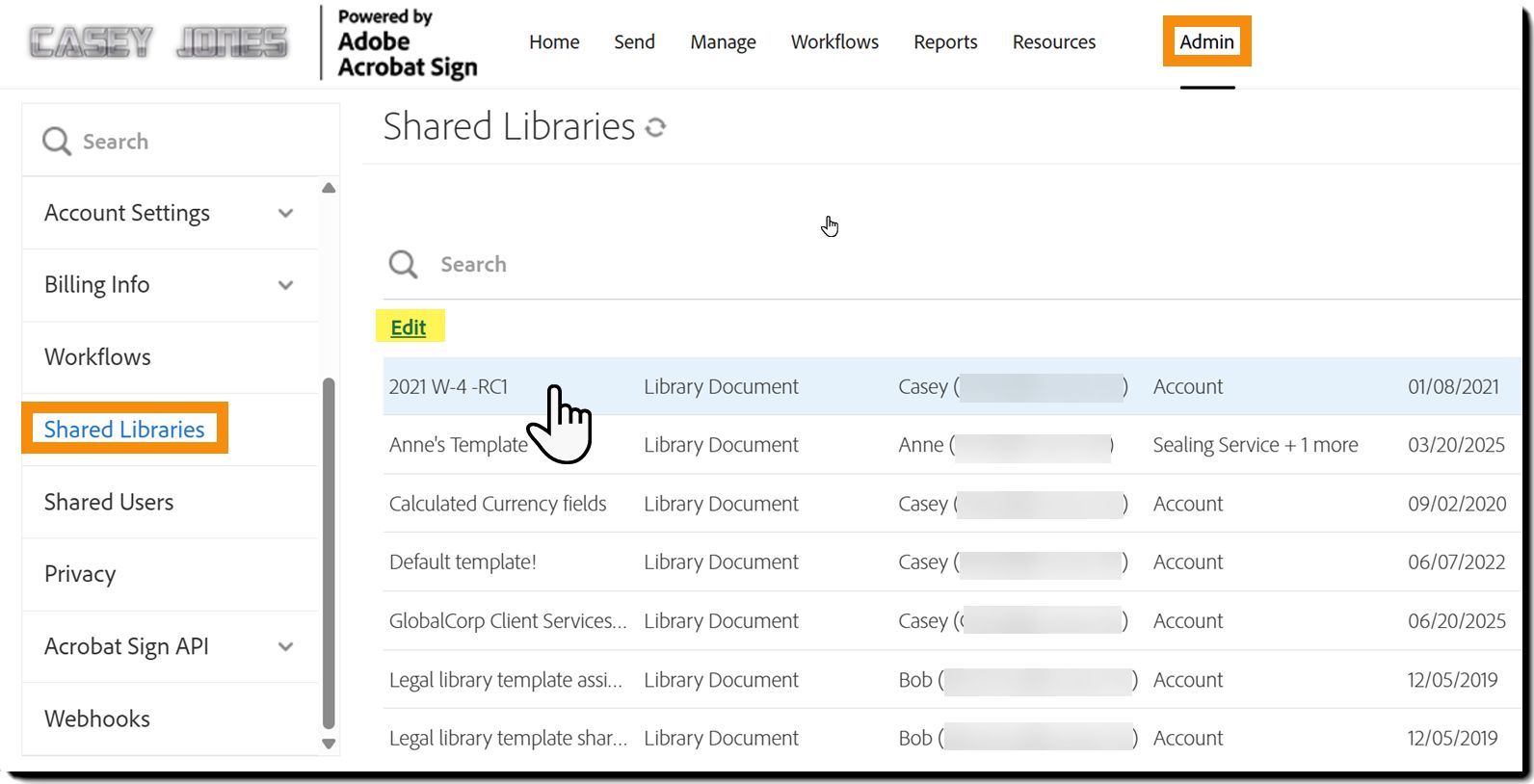 Karta Udostępnione biblioteki pokazująca wybrany szablon i widoczny link Edytuj