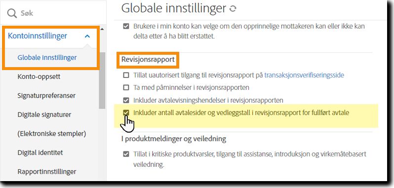 Gå til Revisjonsrapport-delen av Globale innstillinger