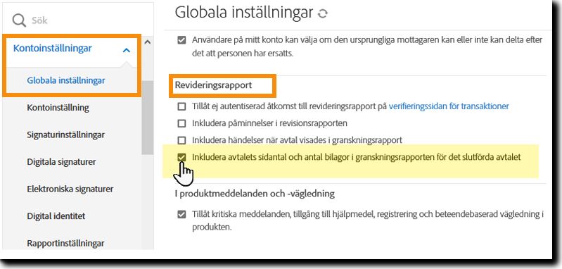 Gå till avsnittet Revideringsrapport i Globala inställningar