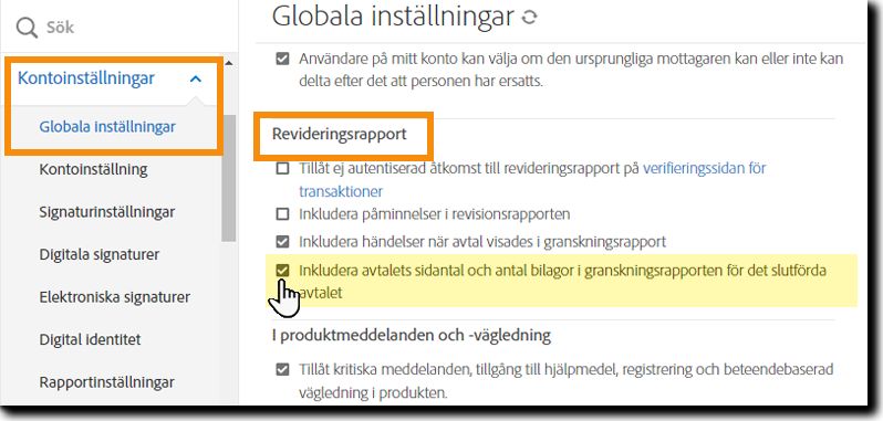 Gå till avsnittet Revideringsrapport i Globala inställningar