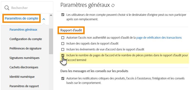 Accédez à la section Rapport d’audit des paramètres généraux