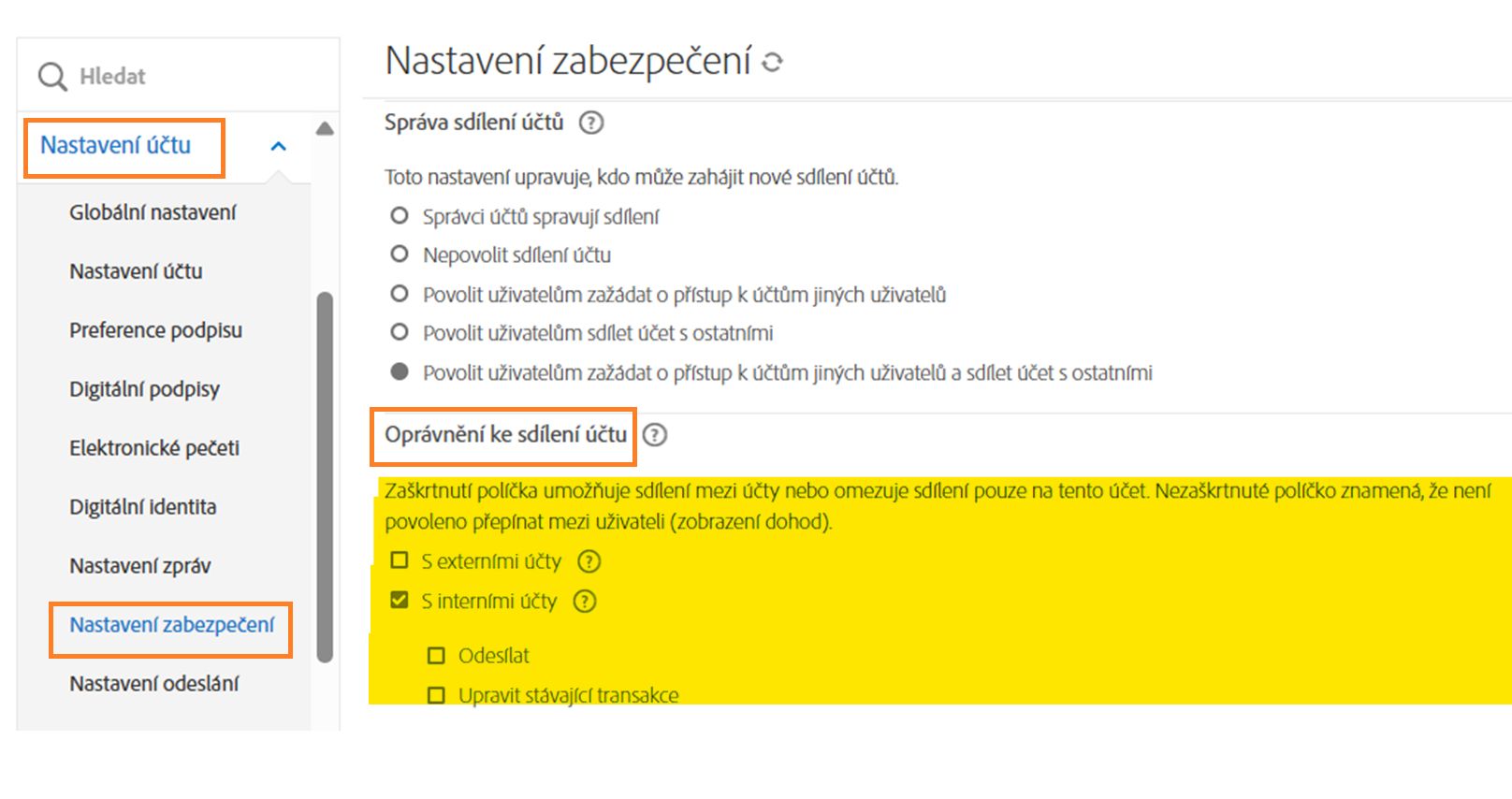 Stránka Nastavení zabezpečení zvýrazňující ovládací prvky Oprávnění ke sdílení účtů