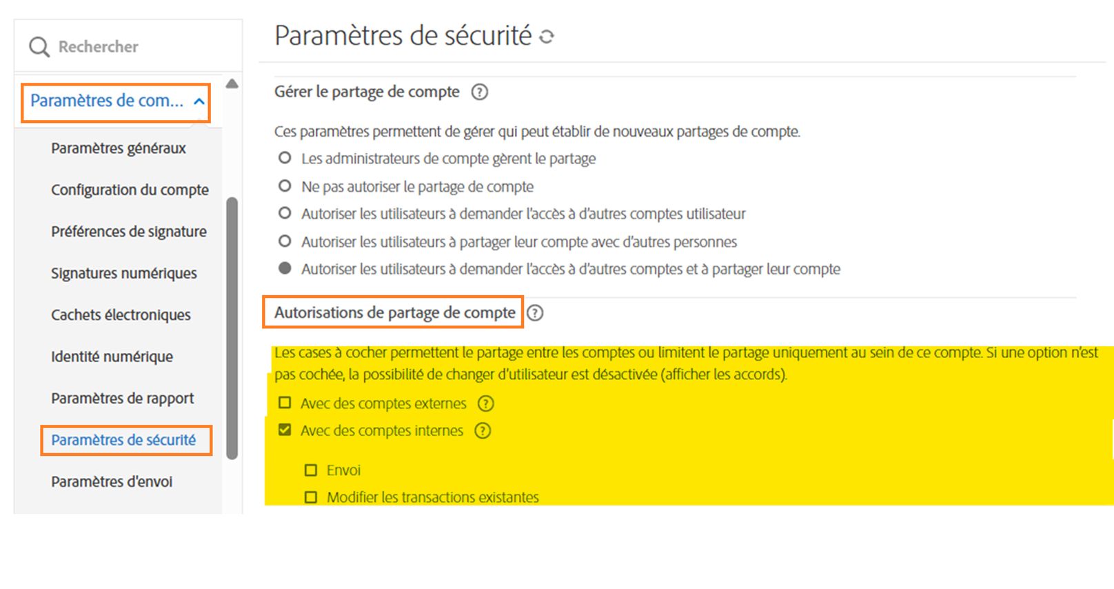 La page Paramètres de sécurité mettant en évidence les commandes des Autorisations de partage de compte