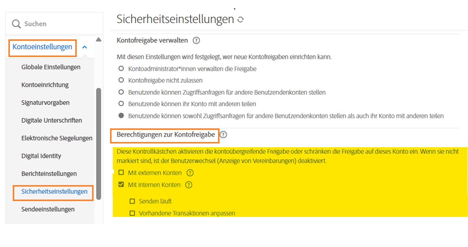 Die Seite „Sicherheitseinstellungen“ mit hervorgehobenen Steuerungselementen für Berechtigungen zur Kontofreigabe