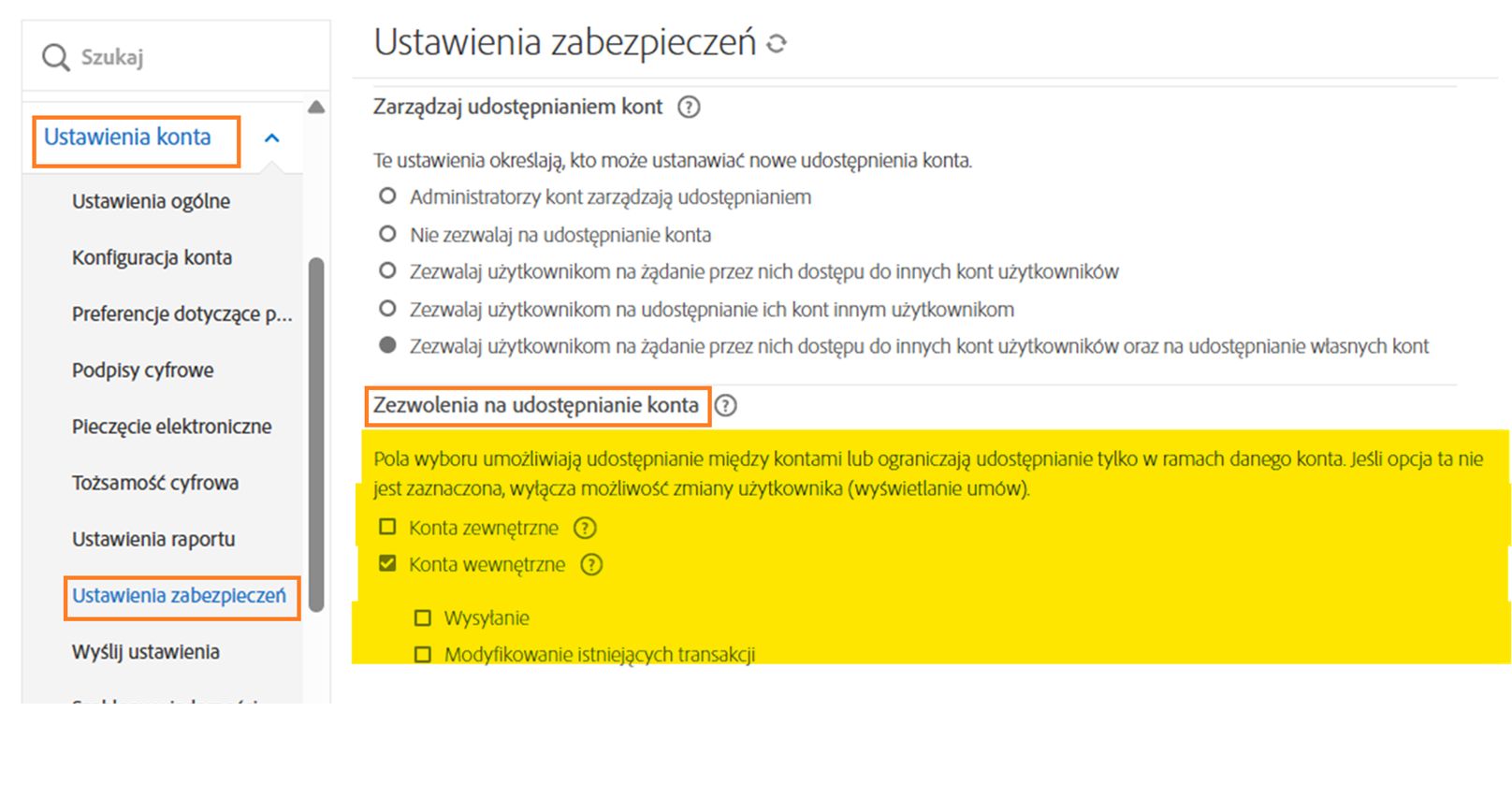 Strona Ustawienia zabezpieczeń z wyróżnionymi elementami sterującymi uprawnień udostępniania konta