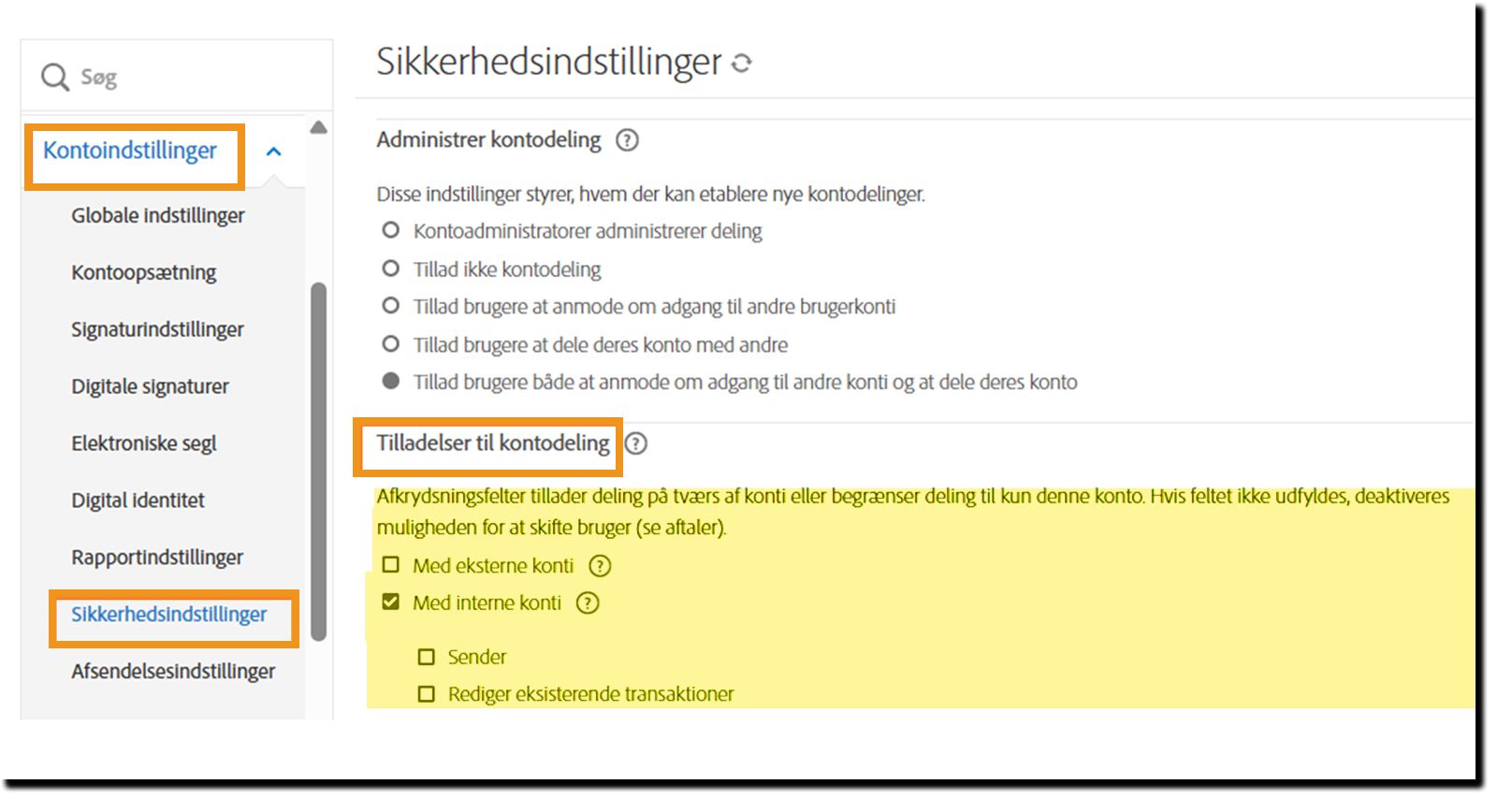Siden Sikkerhedsindstillinger, der fremhæver kontrolelementerne for Tilladelser til kontodeling
