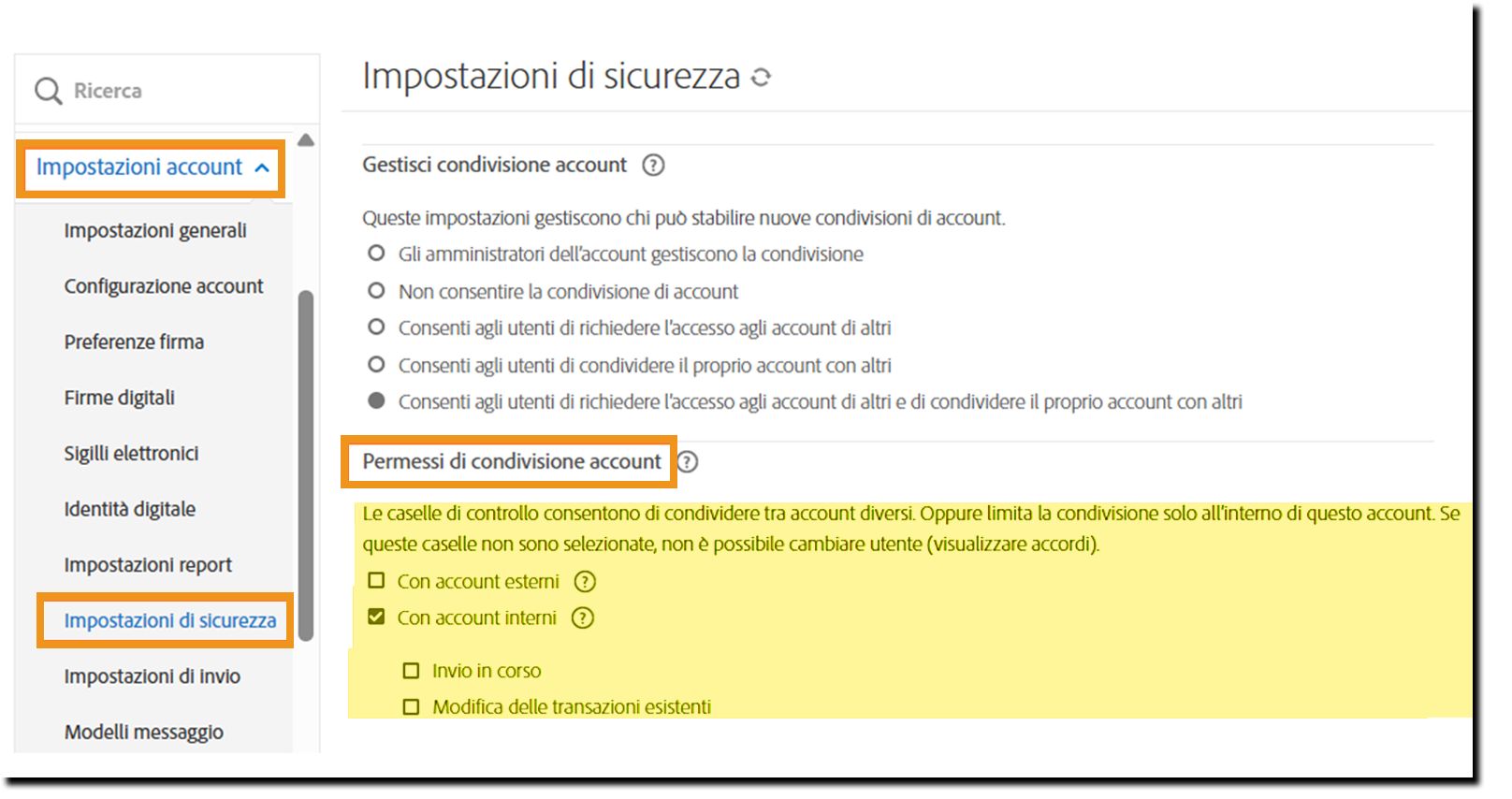 La pagina Impostazioni di sicurezza che evidenzia i controlli delle Autorizzazioni di condivisione dell’account