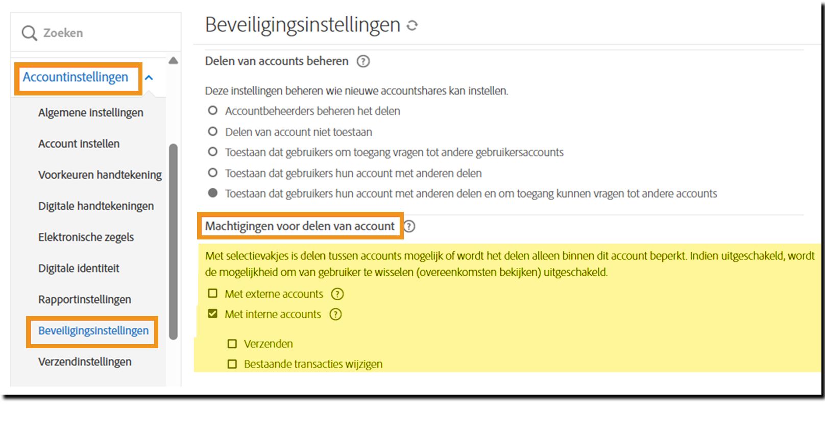 De pagina Beveiligingsinstellingen met de besturingselementen voor Machtigingen voor accountdeling