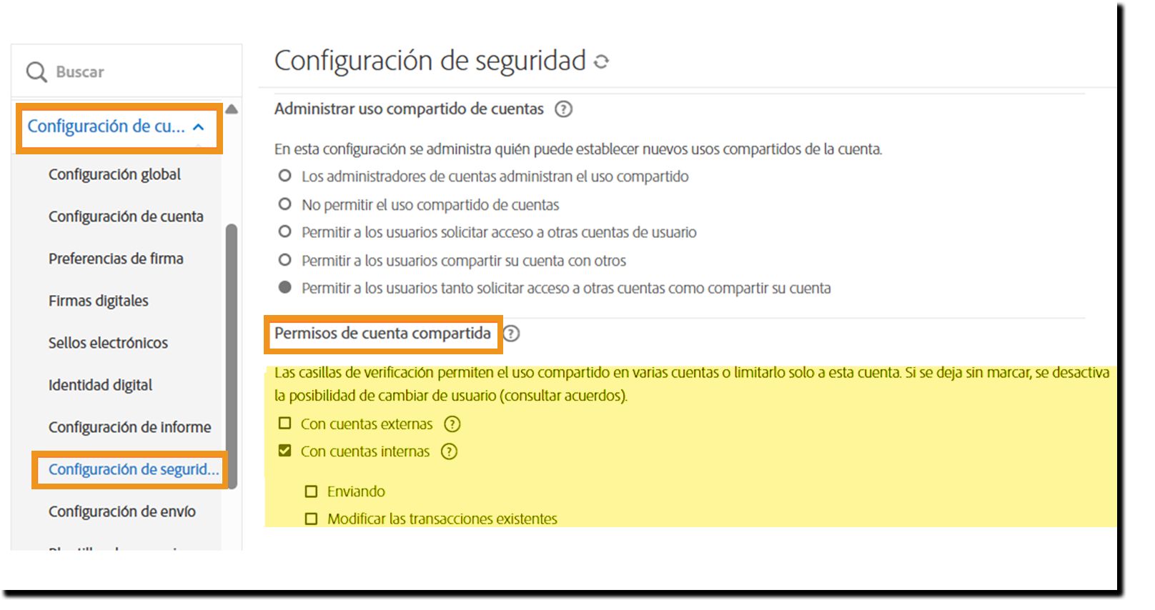 Página de Configuración de seguridad resaltando los controles de Permisos cuenta compartida